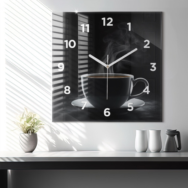 Square glass wall clock A cup of black coffee