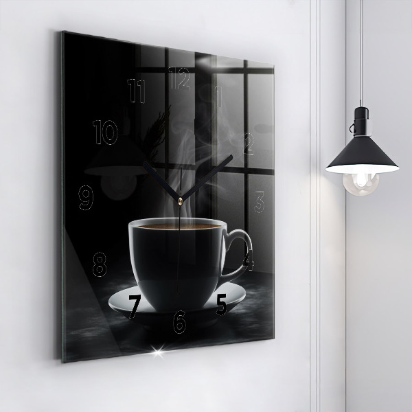 Square glass wall clock A cup of black coffee