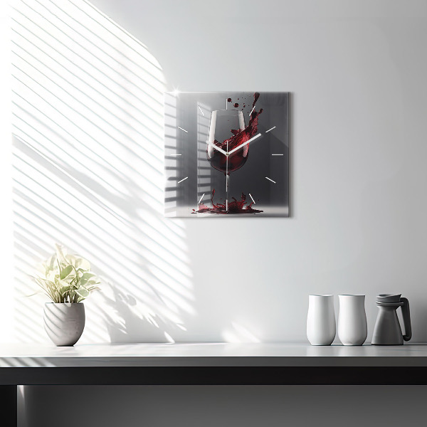Square glass wall clock A glass of red wine