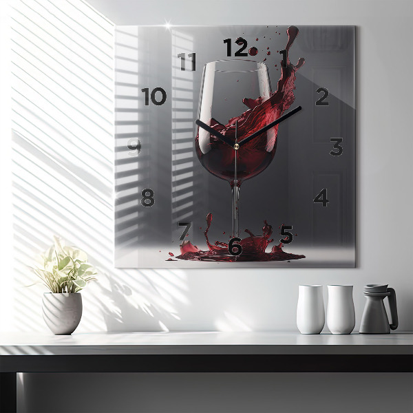 Square glass wall clock A glass of red wine