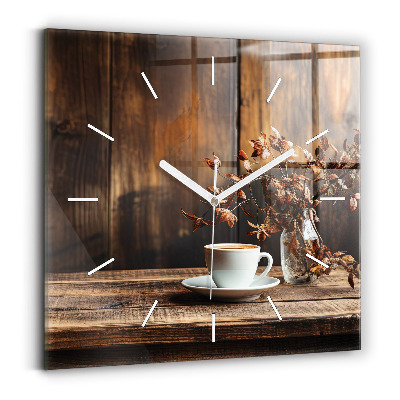 Square glass wall clock A cup of coffee
