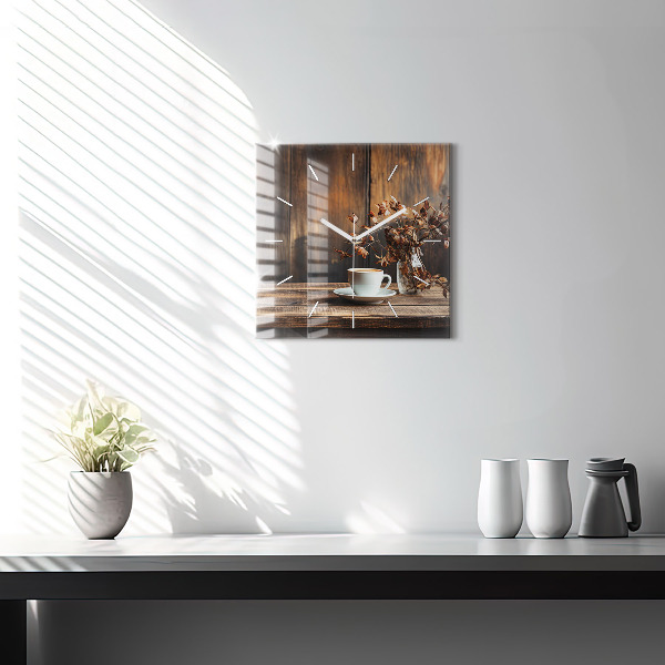 Square glass wall clock A cup of coffee