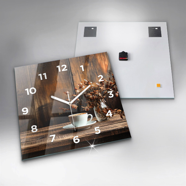 Square glass wall clock A cup of coffee