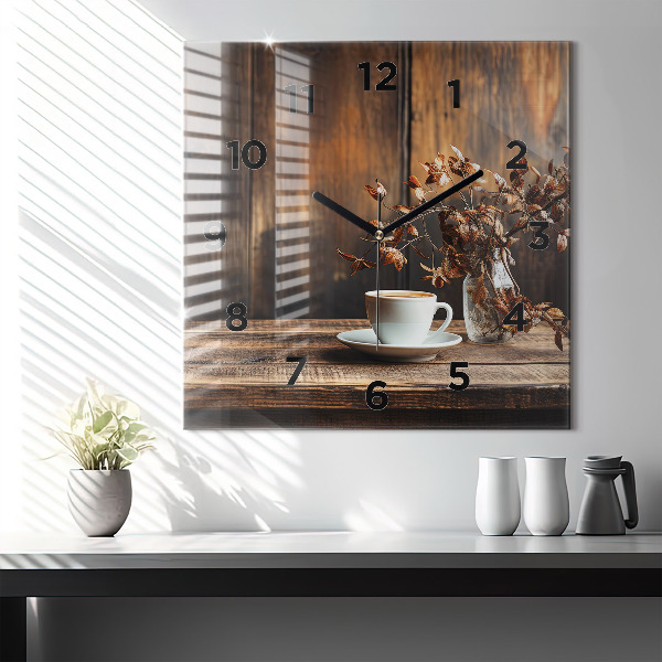Square glass wall clock A cup of coffee