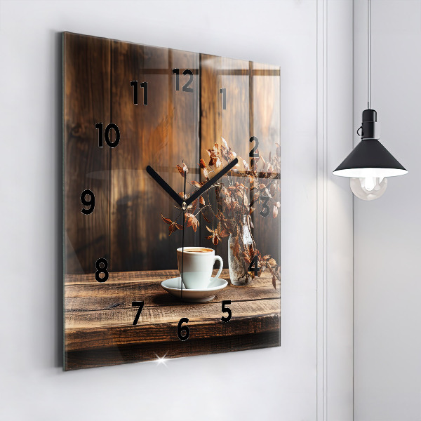 Square glass wall clock A cup of coffee