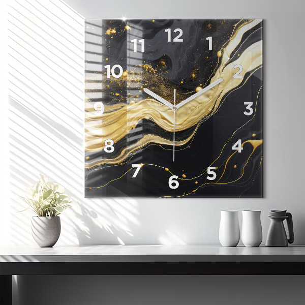 Square glass wall clock Gold marble