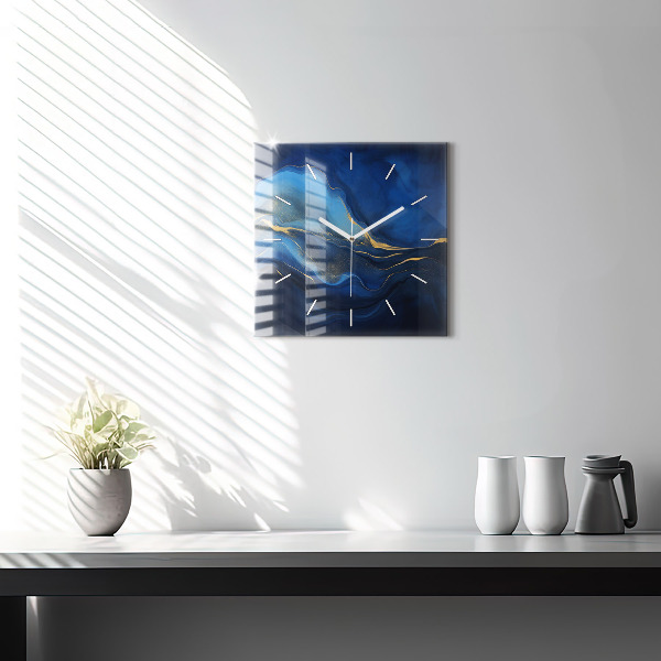 Square glass wall clock Blue marble