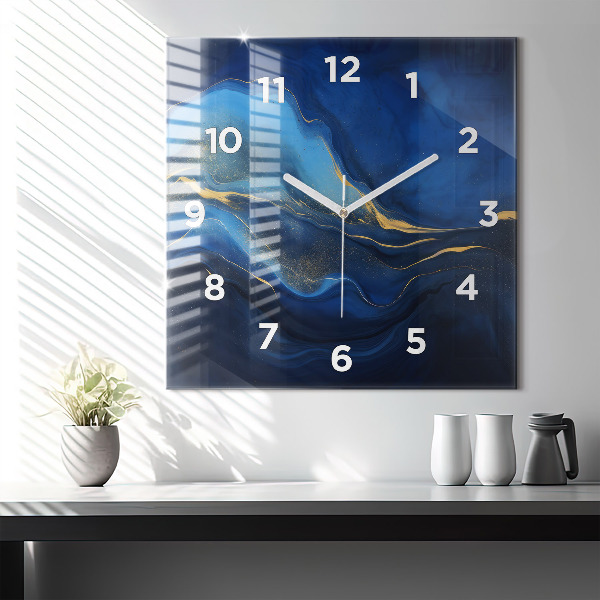 Square glass wall clock Blue marble