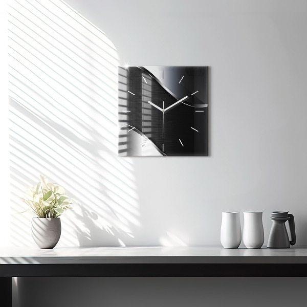 Square glass wall clock Black and silver lines