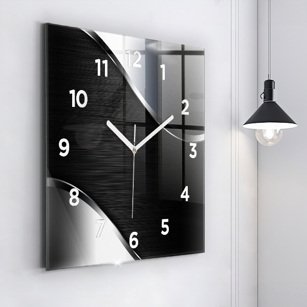 Square glass wall clock Black and silver lines