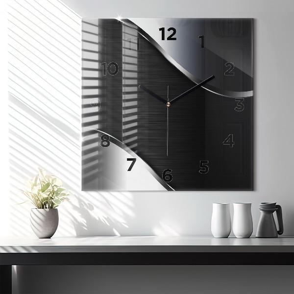 Square glass wall clock Black and silver lines