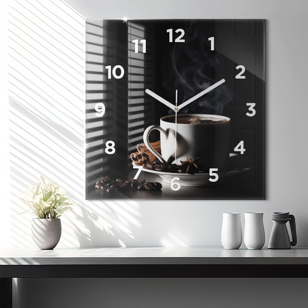 Square glass wall clock A cup of coffee