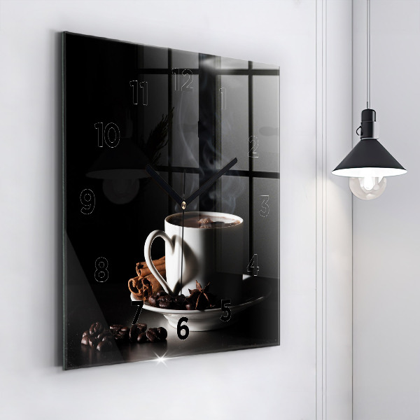 Square glass wall clock A cup of coffee