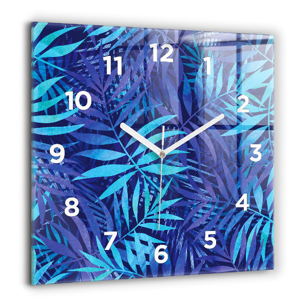 Square glass wall clock Blue leaves