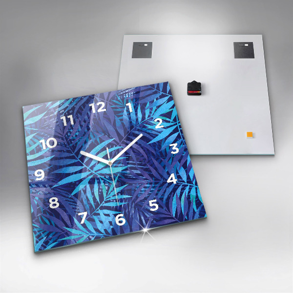 Square glass wall clock Blue leaves