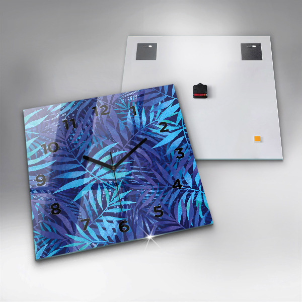 Square glass wall clock Blue leaves