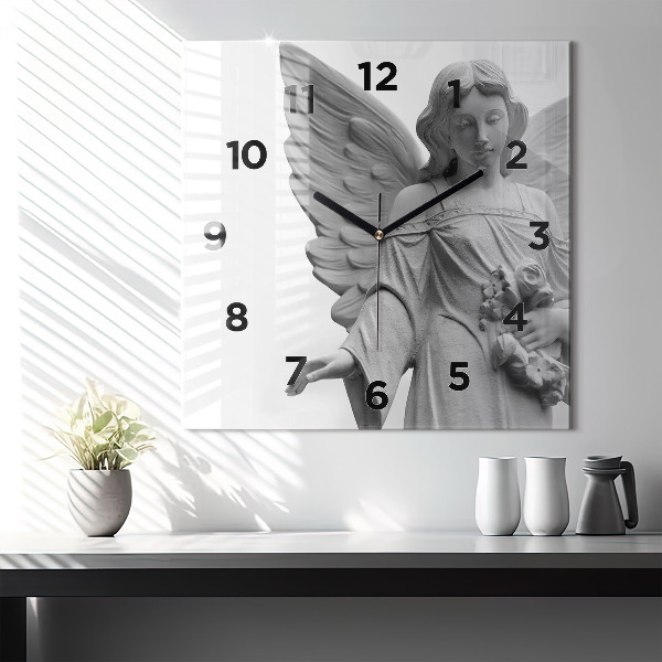Square glass wall clock Old Angel Sculpture