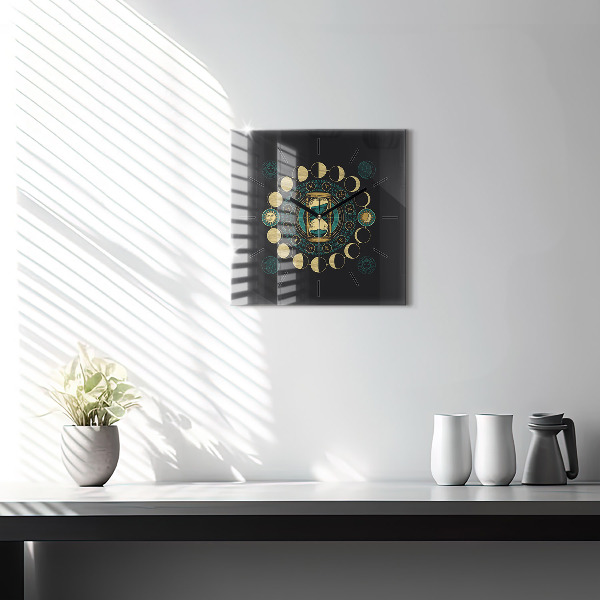 Square glass wall clock Moon phases and hourglass