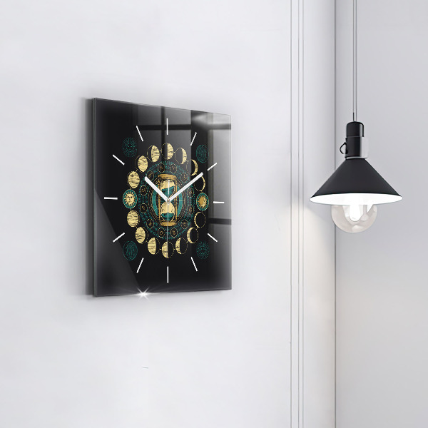 Square glass wall clock Moon phases and hourglass