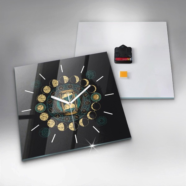 Square glass wall clock Moon phases and hourglass