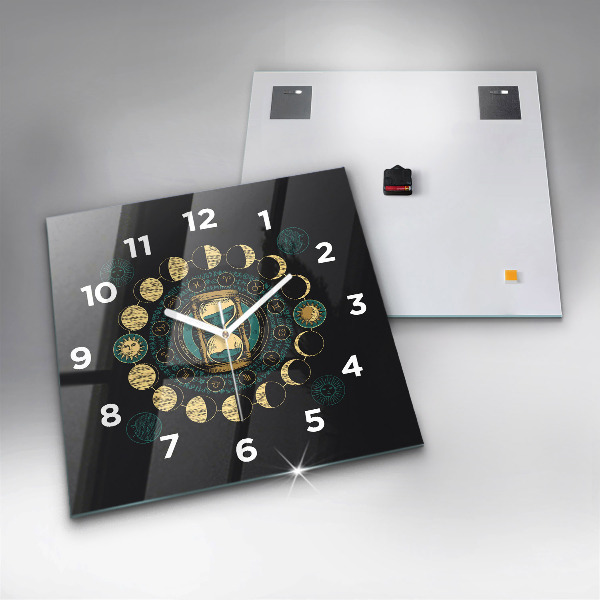 Square glass wall clock Moon phases and hourglass