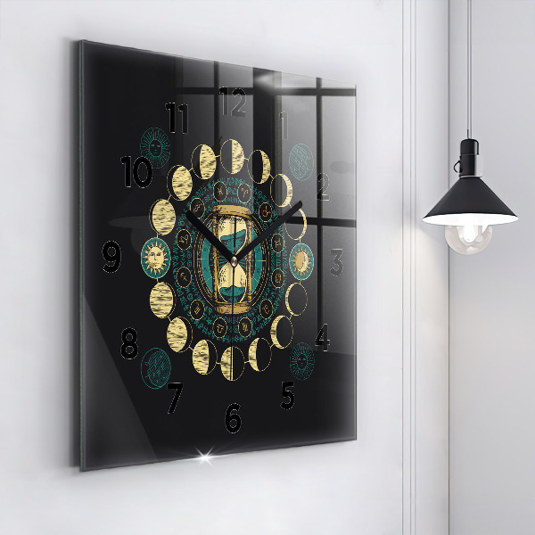 Square glass wall clock Moon phases and hourglass