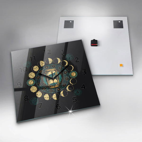 Square glass wall clock Moon phases and hourglass