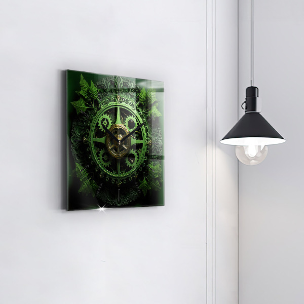 Square glass wall clock Green mechanism