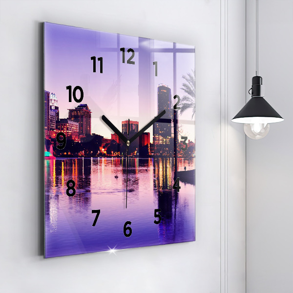 Square glass wall clock Evening panorama of the city
