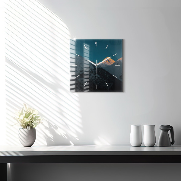 Square glass wall clock Sunset in the mountains