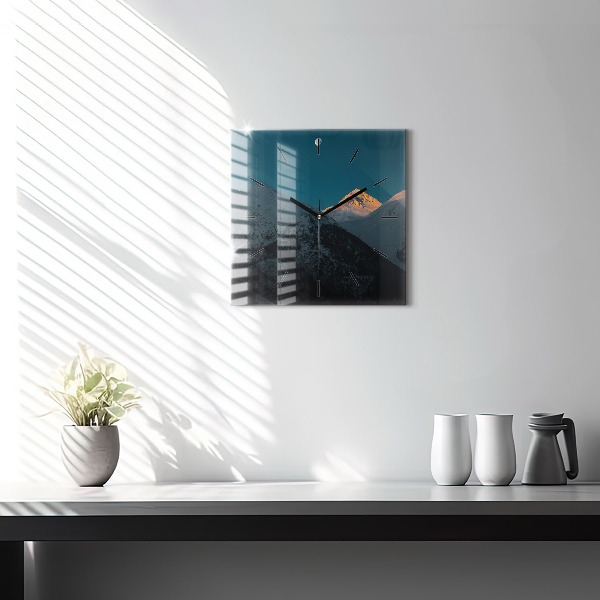 Square glass wall clock Sunset in the mountains