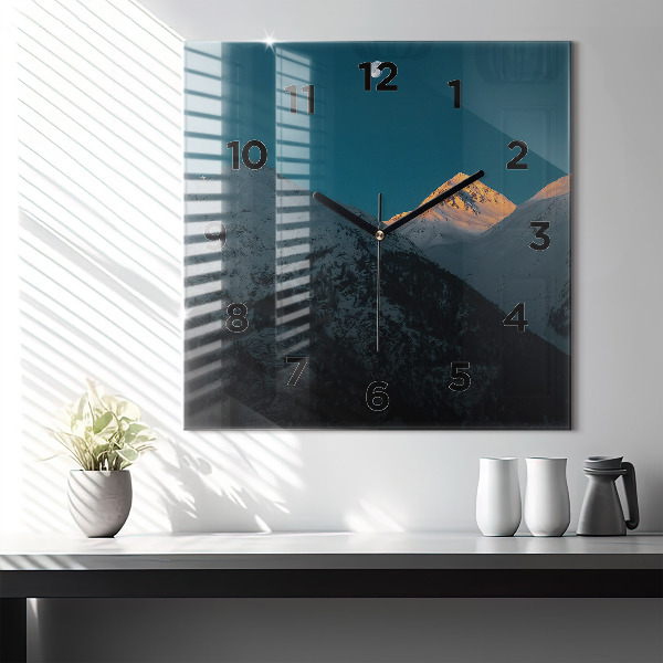 Square glass wall clock Sunset in the mountains