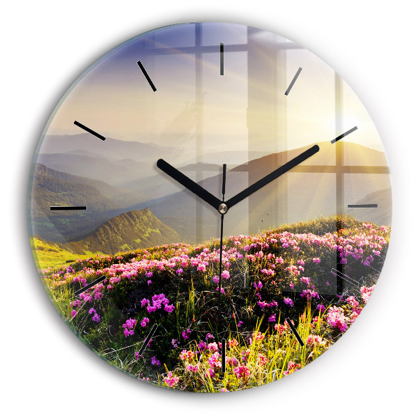 Round glass clock Mountain landscape