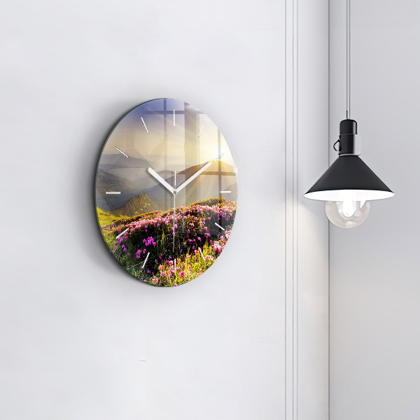 Round glass clock Mountain landscape
