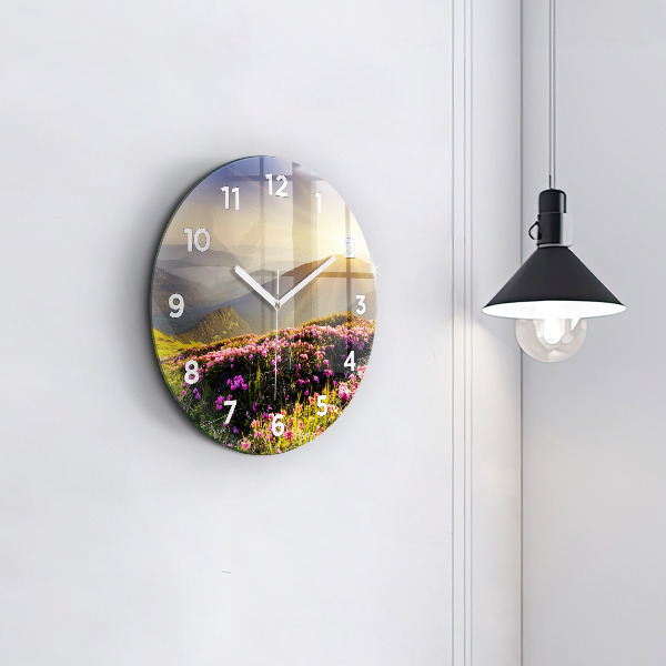 Round glass clock Mountain landscape