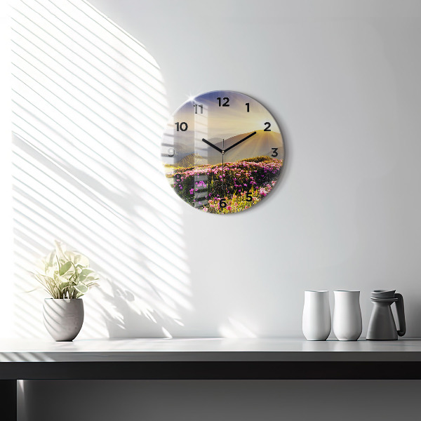 Round glass clock Mountain landscape