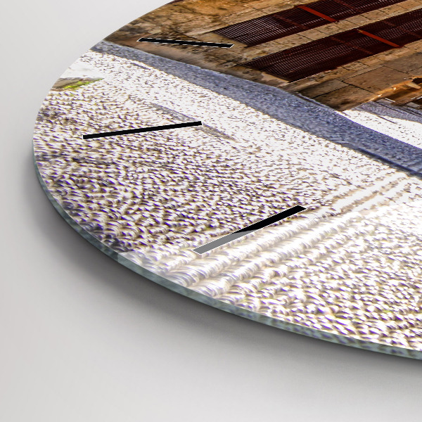 Round glass clock Picturesque street of Rhodes