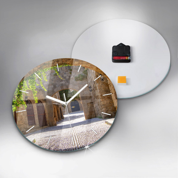 Round glass clock Picturesque street of Rhodes