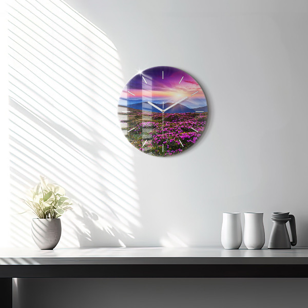 Round glass clock Sunrise and flowers