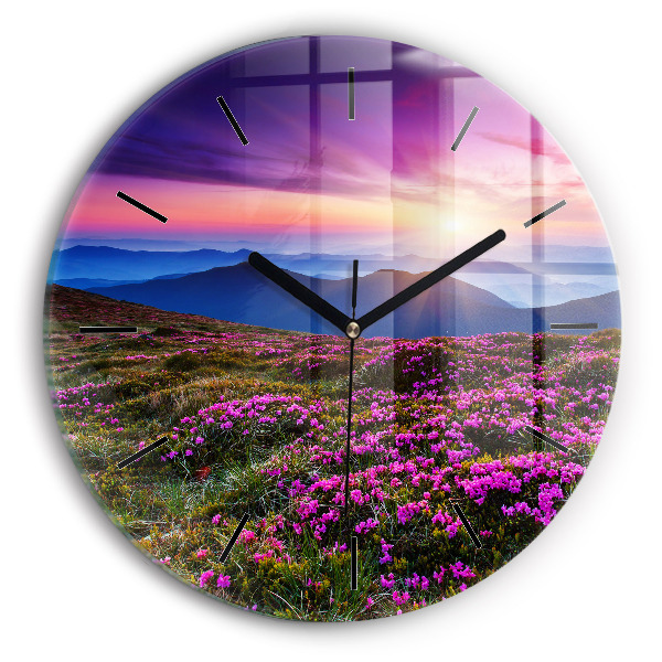 Round glass clock Sunrise and flowers