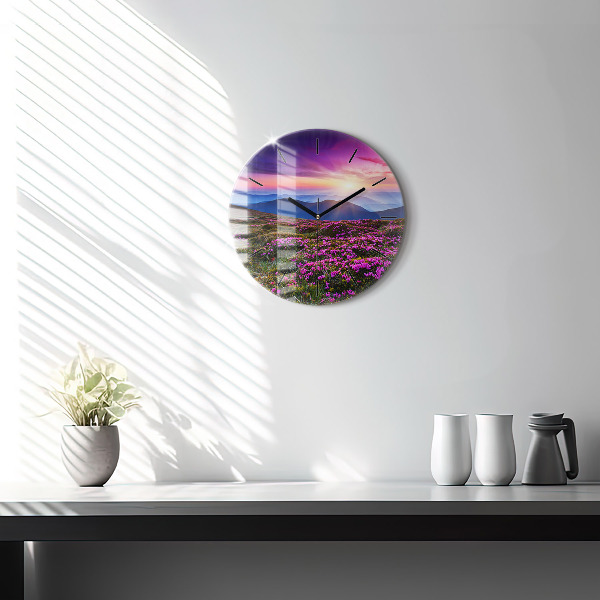 Round glass clock Sunrise and flowers