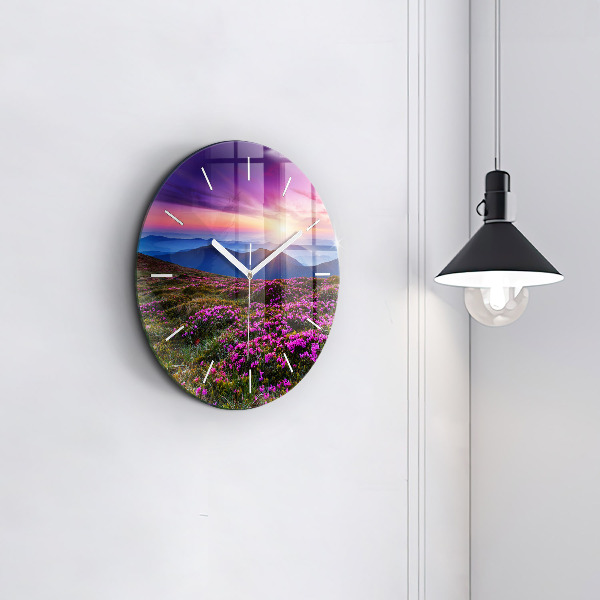Round glass clock Sunrise and flowers