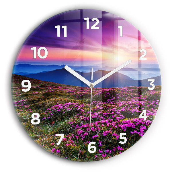 Round glass clock Sunrise and flowers