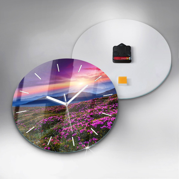 Round glass clock Sunrise and flowers