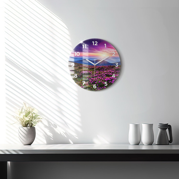 Round glass clock Sunrise and flowers