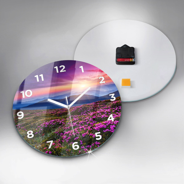 Round glass clock Sunrise and flowers