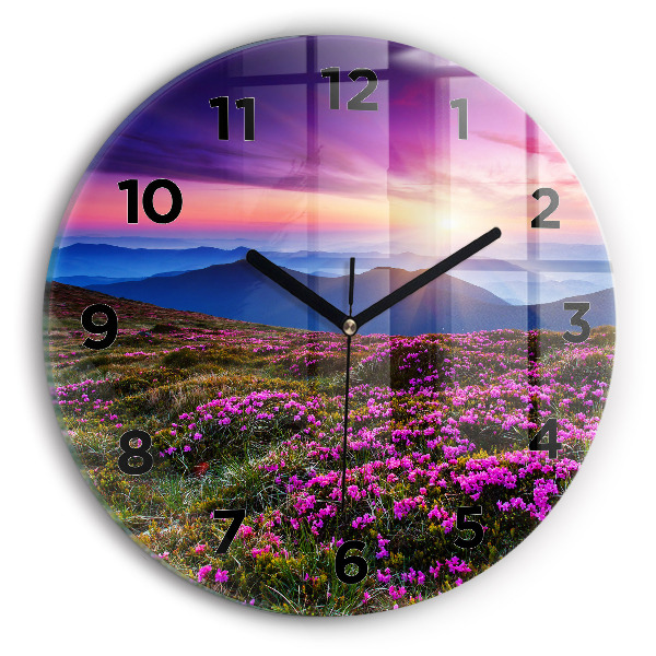 Round glass clock Sunrise and flowers