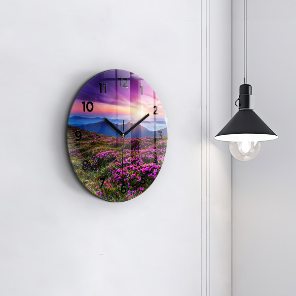 Round glass clock Sunrise and flowers