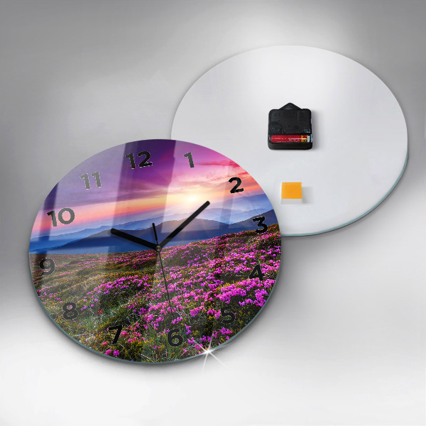 Round glass clock Sunrise and flowers