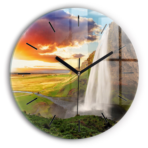 Round glass clock Waterfall in Iceland